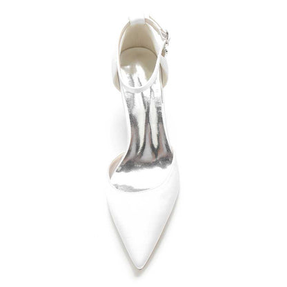 Elegant bridal ankle strap wedding shoes in white with a pointed toe design