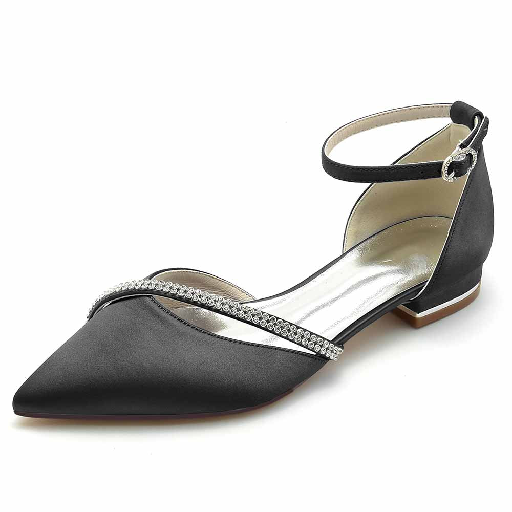 Elegant pointed toe satin bridal flats in black with a chic ankle strap and rhinestone detailing