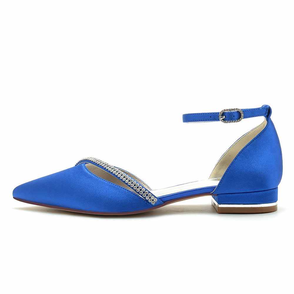 S&DCo. Pointed toe satin bridal flats in blue with sparkling embellishments for elegant weddings