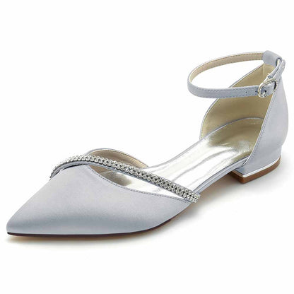 S&DCo. pointed toe satin bridal flats in light gray with elegant ankle strap and embellishments