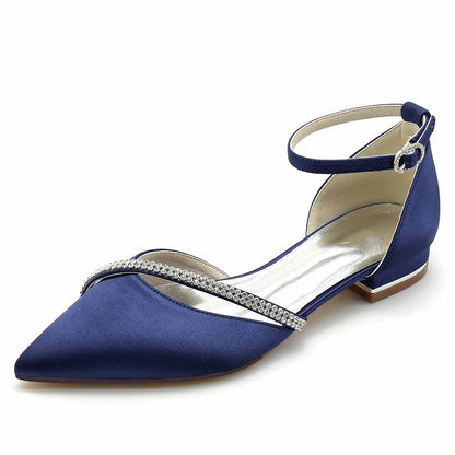 S&DCo. pointed toe satin bridal flats in navy with decorative strap for elegant weddings