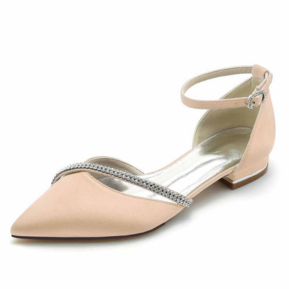 S&DCo. pointed toe satin bridal flats with ankle strap and rhinestone detailing in soft beige