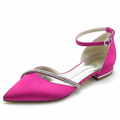 Pink pointed toe satin bridal flats with embellished strap for elegant wedding footwear