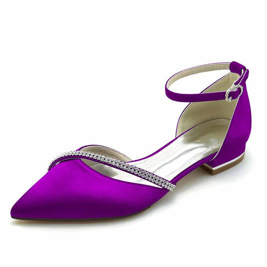 S&DCo. pointed toe satin bridal flats in purple with jeweled ankle strap for elegant weddings