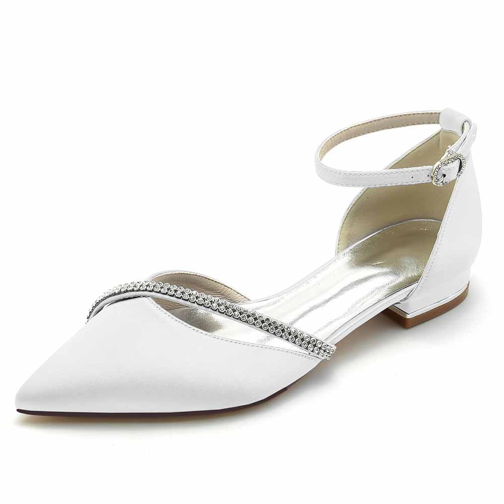 Elegant pointed toe satin bridal flats with an ankle strap and beaded embellishments for a chic wedding look