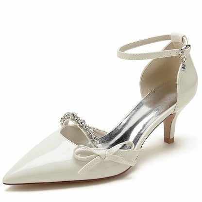 S&DCo. bridal glitter stiletto heels in white with bow and ankle strap, perfect for weddings