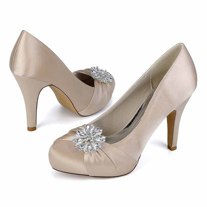 S&DCo. crystal embellished bridal heels in beige satin with decorative gemstone detail
