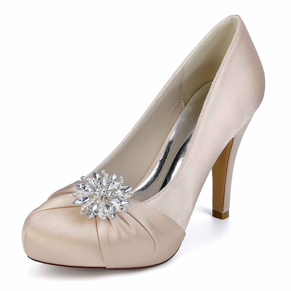 Elegant S&DCo. crystal embellished bridal heels in champagne satin with stunning crystal detail