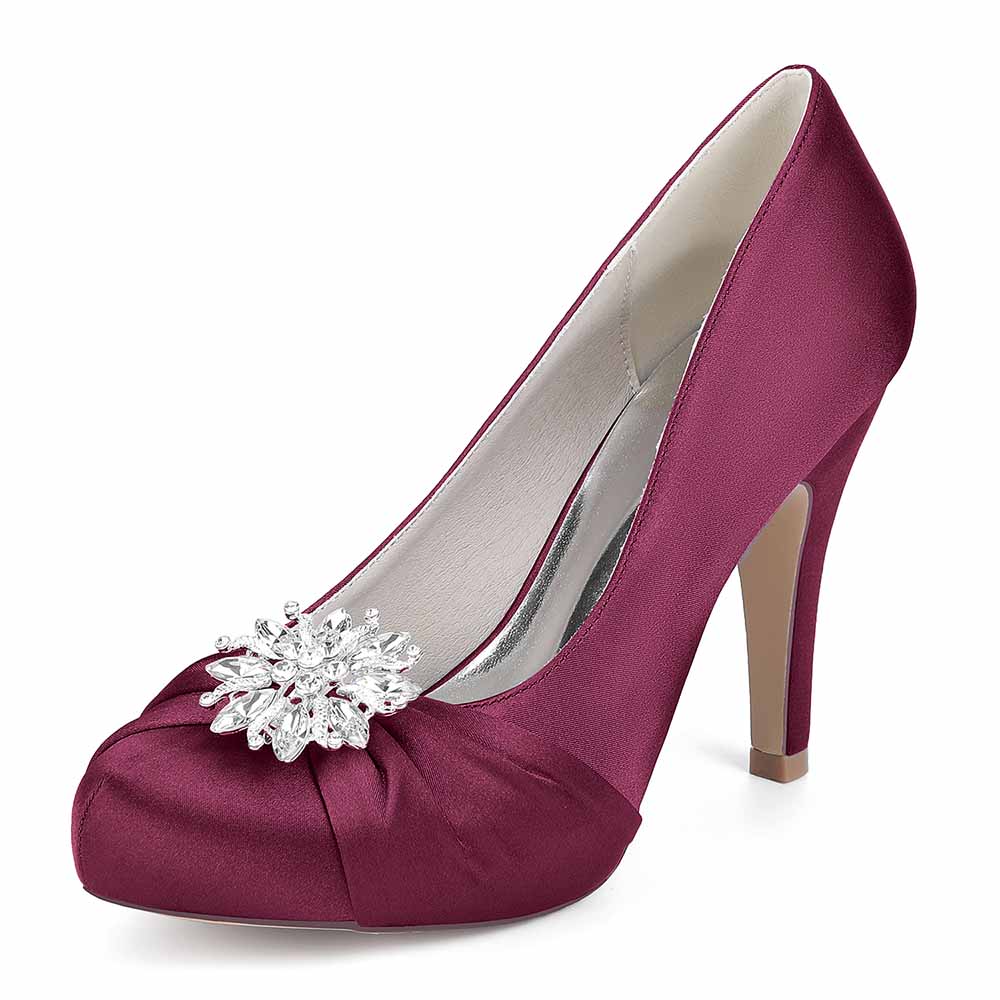 S&DCo. crystal embellished bridal heels in burgundy satin with elegant floral design