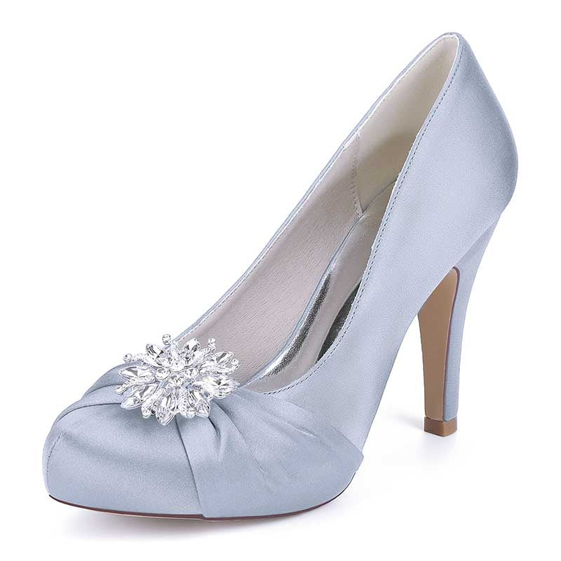 Elegant light blue S&DCo. crystal embellished bridal heels with a decorative floral brooch