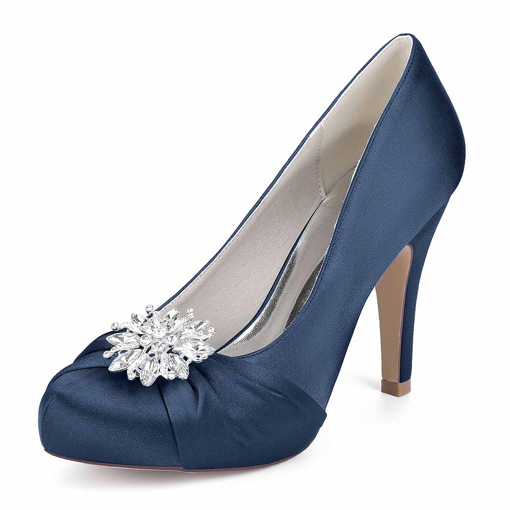 Navy satin crystal embellished bridal heels with elegant flower detail and high stiletto heel