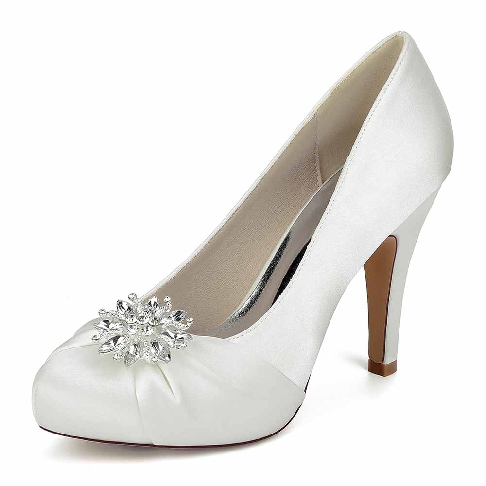 Elegant S&DCo. crystal embellished bridal heels in white with a decorative jewel on the toe