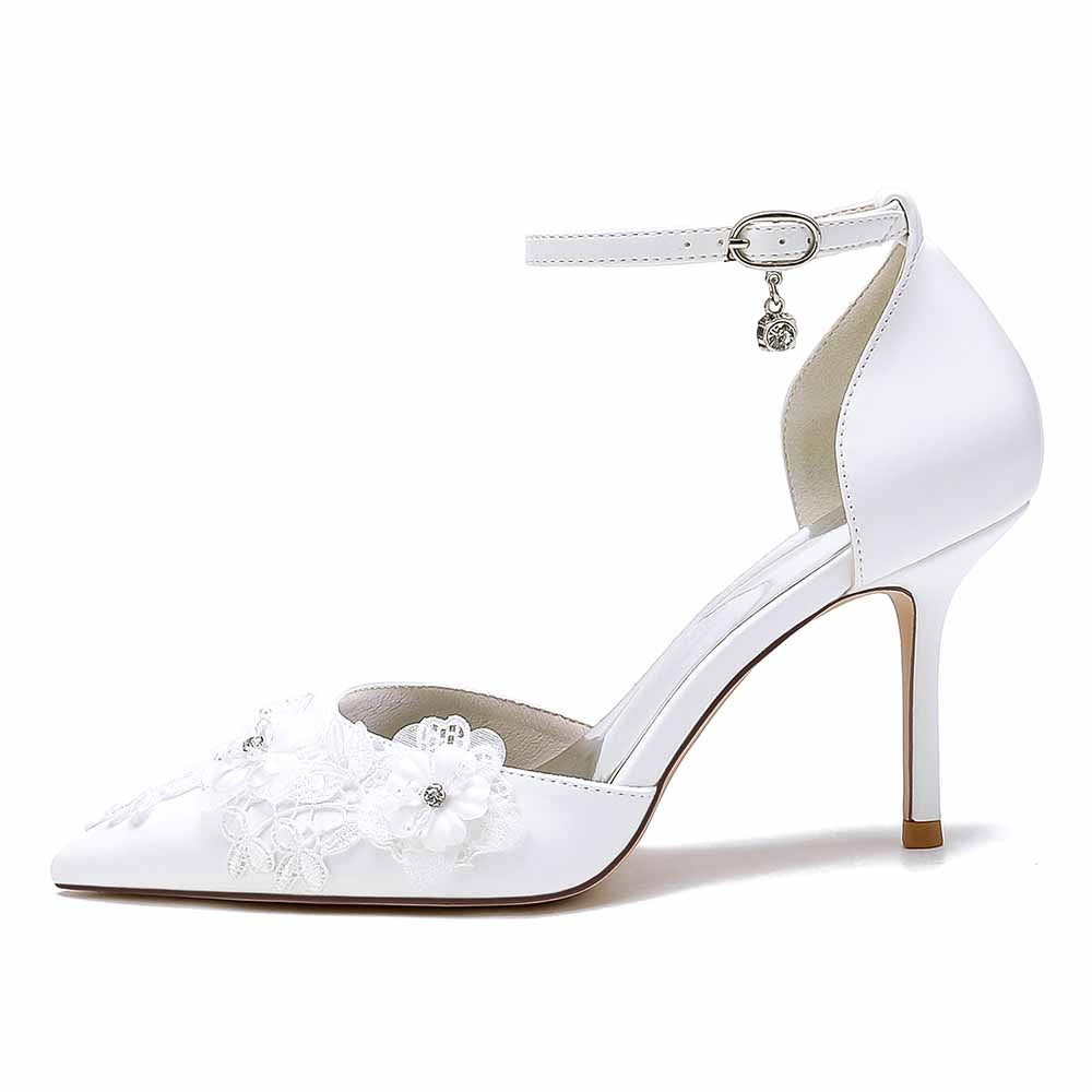 Elegant white bridal heels with ankle strap and floral embellishments for stylish brides