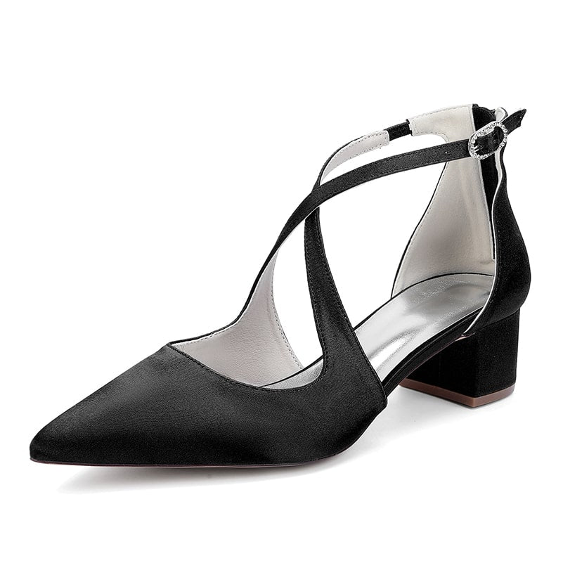 Elegant black bridal heels with crossing straps and a comfortable block heel design
