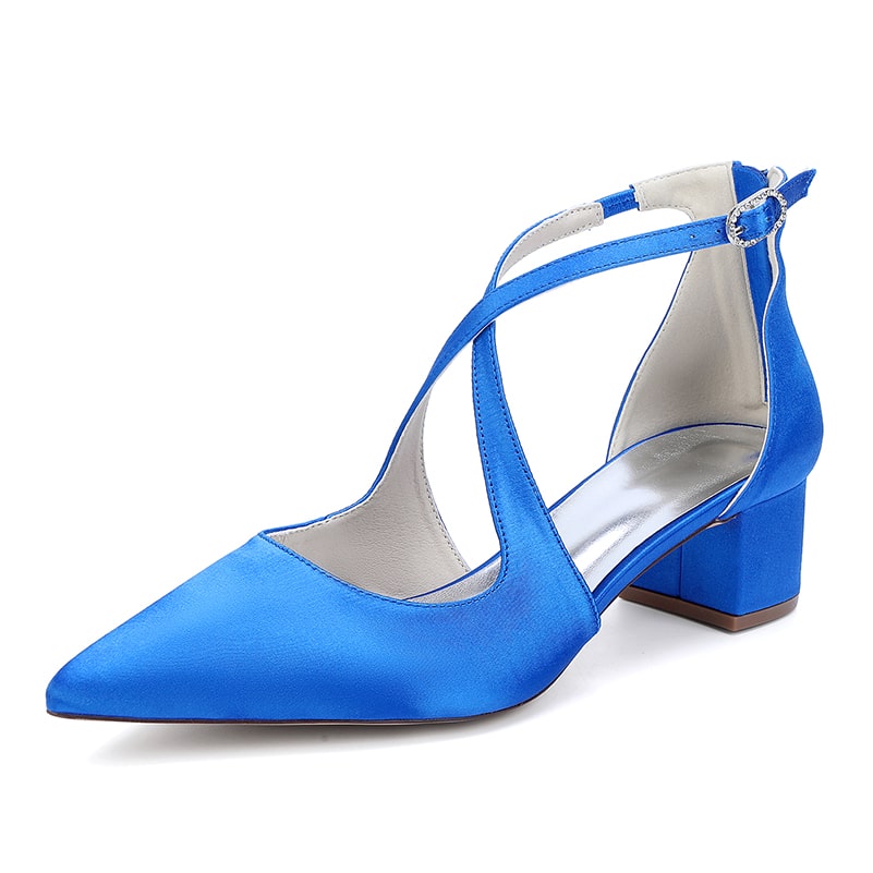 Elegant blue bridal heels with crossing straps and a chic block heel for stylish brides