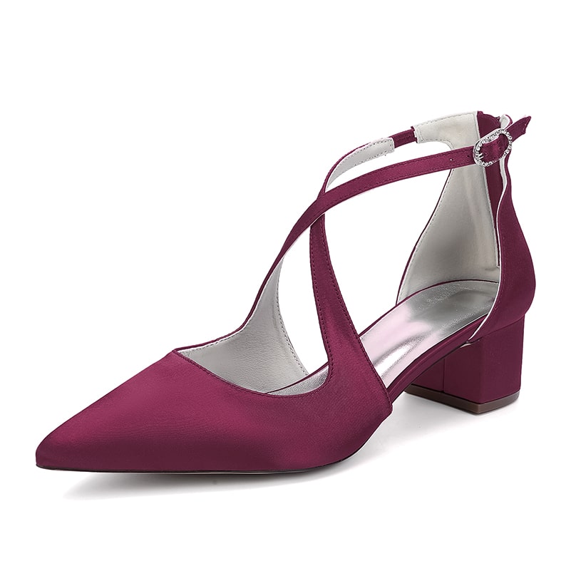 Elegant burgundy bridal heels with crossing straps and block heels for a stylish wedding look