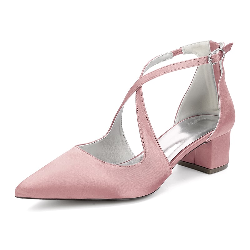 Pink sd-hk bridal heels with crossing straps featuring a stylish block heel and pointed toe design