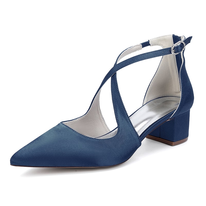 Navy blue bridal heels with crossing straps and a comfortable block heel for elegance on your special day