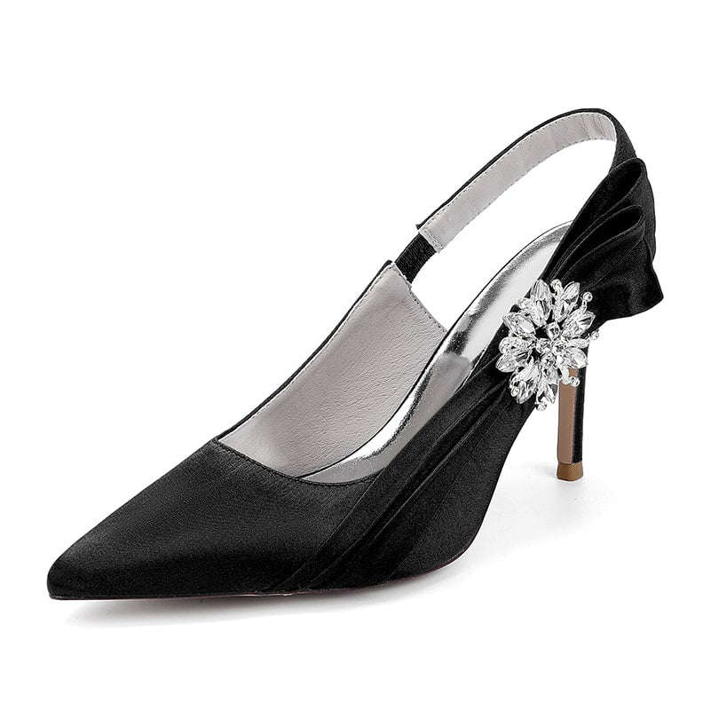 Elegant black bridal heels with rhinestone embellishment, featuring a sleek slingback design