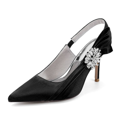 Elegant black bridal heels with rhinestone embellishment, featuring a sleek slingback design