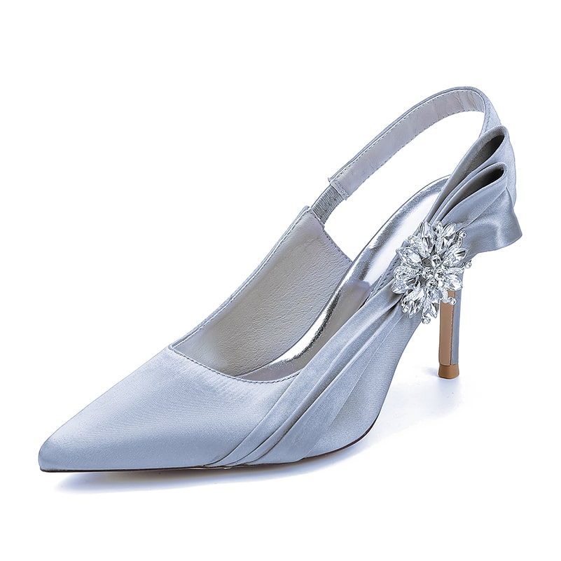 Elegant bridal heels with rhinestone embellishment in satin finish and a stylish slingback design
