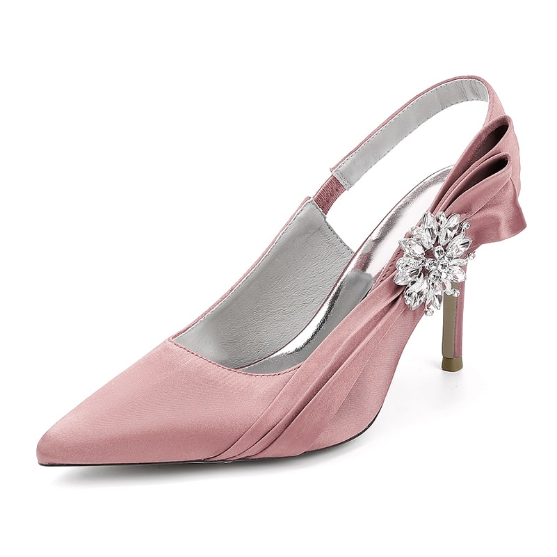 Elegant pink bridal heels with rhinestone embellishment and a chic slingback design