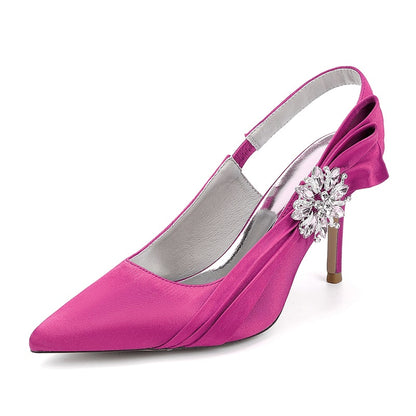 Pink satin bridal heels with rhinestone embellishment for elegant wedding footwear