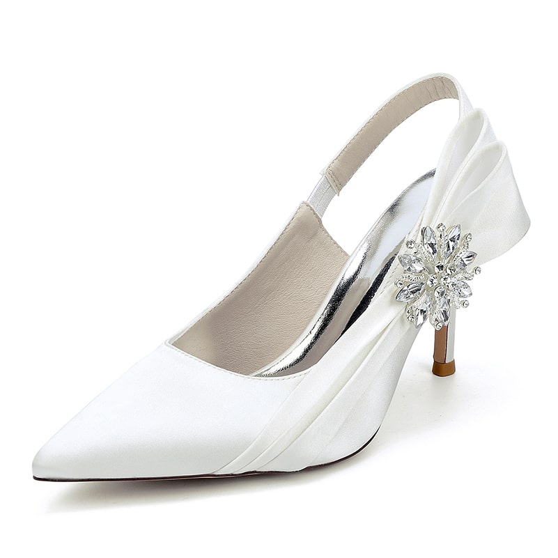 Elegant white bridal heels with rhinestone embellishment and a stylish slingback design