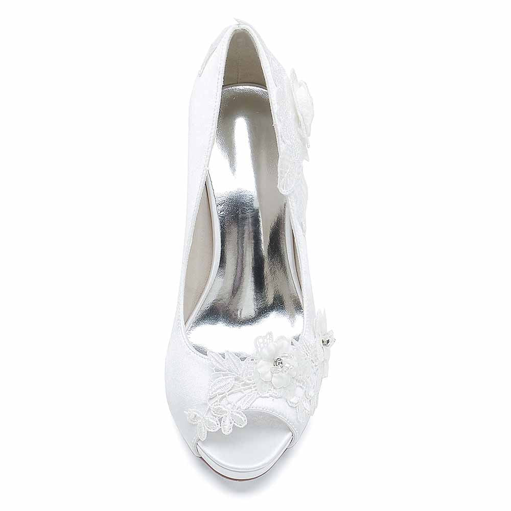 S&DCo. bridal lace peep toe stiletto heels with elegant floral design for weddings