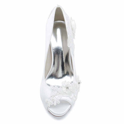 S&DCo. bridal lace peep toe stiletto heels with elegant floral design for weddings