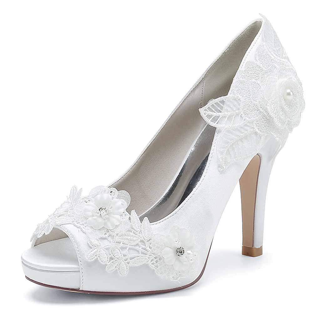 S&DCo. bridal lace peep toe stiletto heels with floral embellishments for elegant wedding attire