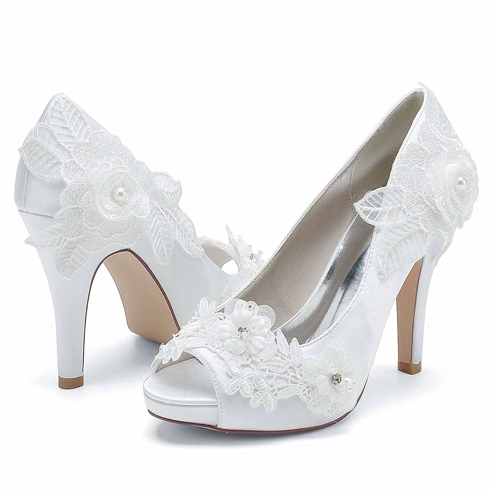 Elegant bridal lace peep toe stiletto heels with floral embellishments for the perfect wedding look