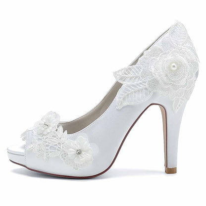 Elegant S&DCo. bridal lace peep toe stiletto heels with floral embroidery for weddings