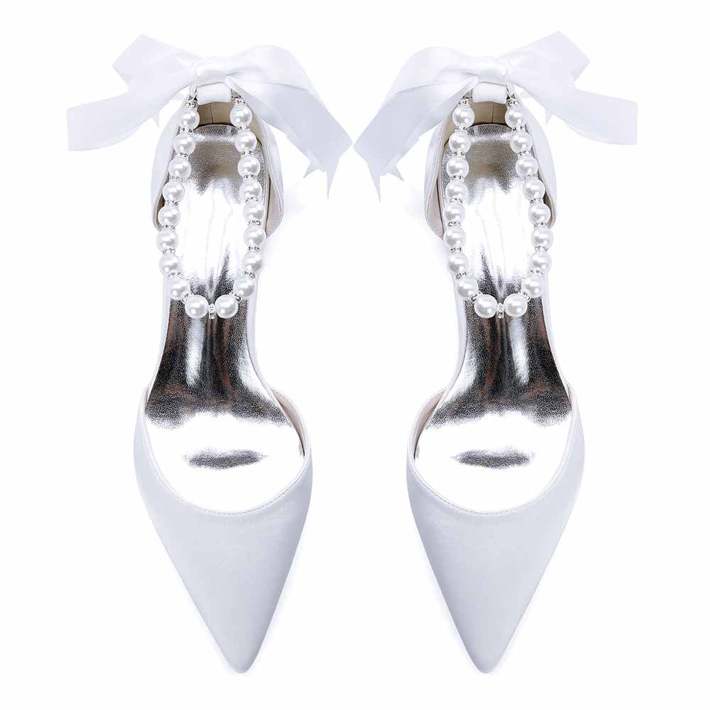 Elegant sd-hk lace-up dress sandals for brides with pearl detailing and satin ribbons