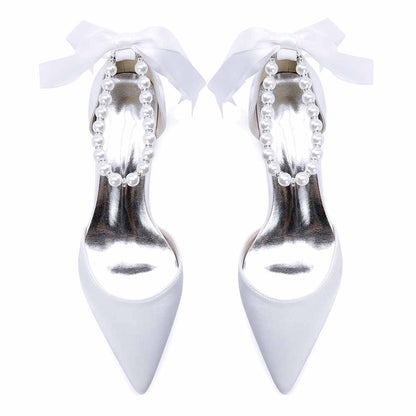 Elegant sd-hk lace-up dress sandals for brides with pearl detailing and satin ribbons