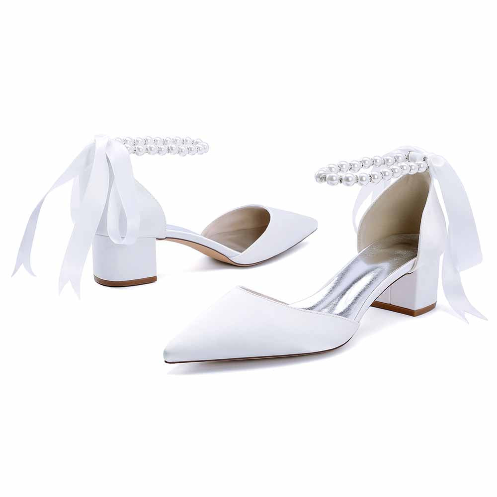 Elegant lace-up dress sandals for brides with pearl accents and a chic block heel