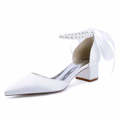 Elegant lace-up dress sandals for brides with a pearl ankle strap and satin finish