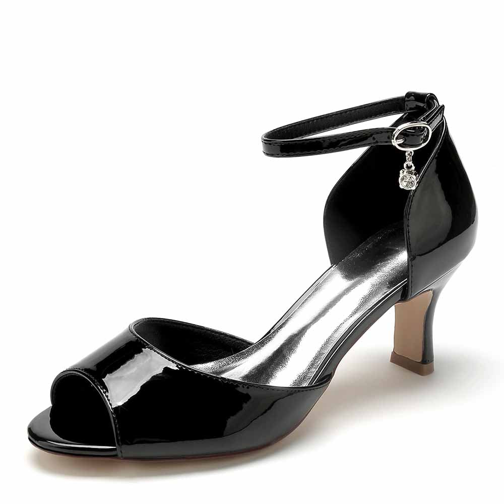Black low heel bridal shoes for wedding with peep toe and ankle strap design