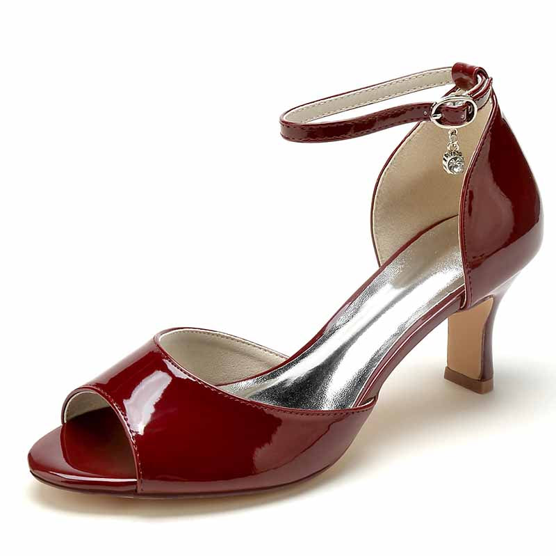 S&DCo. burgundy low heel bridal shoes for wedding with ankle strap and open toe design