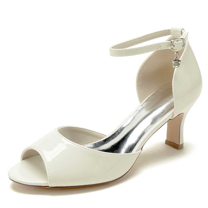S&DCo. elegant low heel bridal shoes for wedding with open toe and ankle strap in white