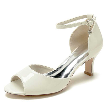 S&DCo. elegant low heel bridal shoes for wedding with open toe and ankle strap in white
