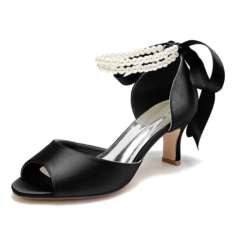 Elegant low heel satin bridal shoes in black with pearl ankle detail and open toe design