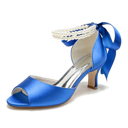 S&DCo. low heel satin bridal shoes in blue with pearl ankle strap and open toe design