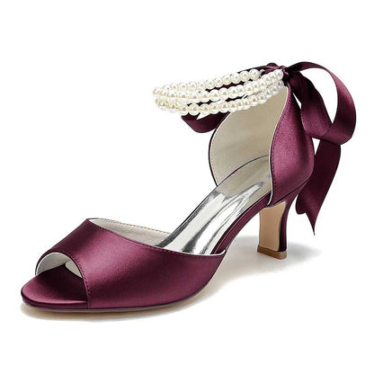 S&DCo. low heel satin bridal shoes in burgundy with pearl detailing and ankle ribbons