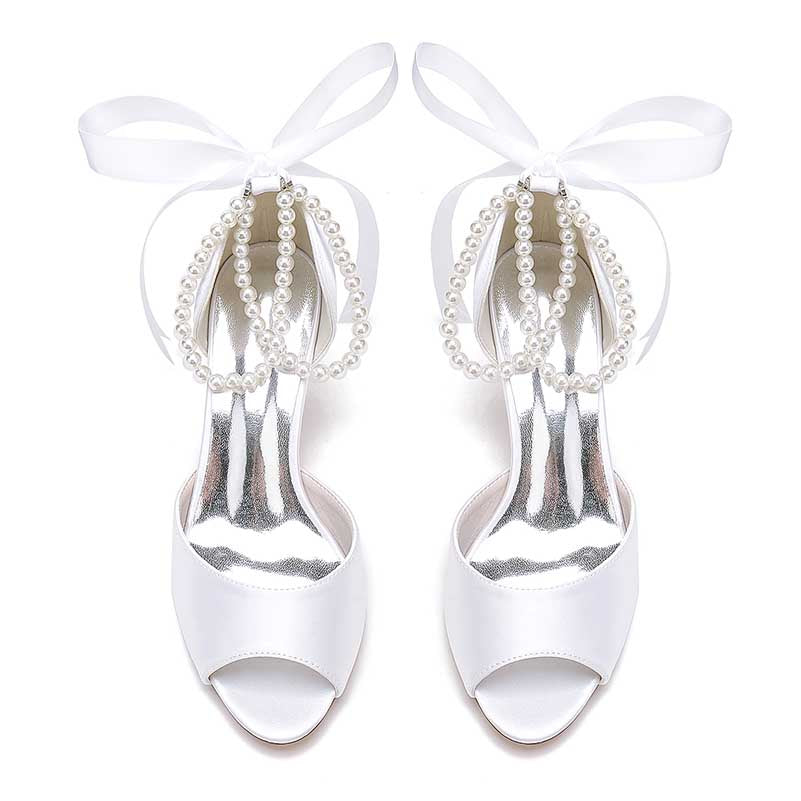 S&DCo. low heel satin bridal shoes with a open toe design and pearl accents for weddings