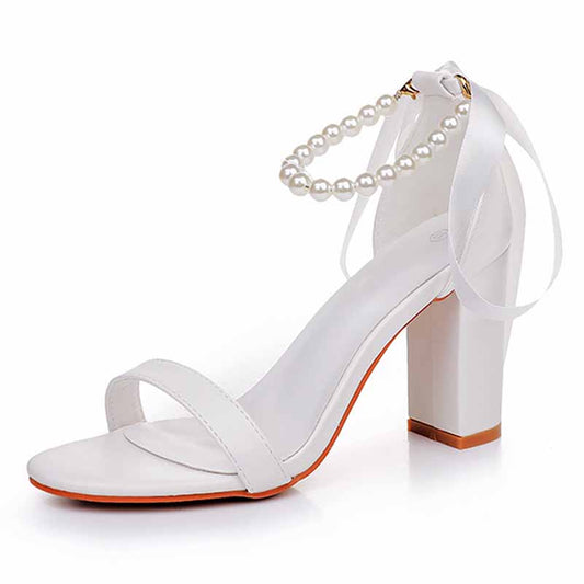 Elegant bridal pearl ankle strap chunky heels in white for special occasions and weddings