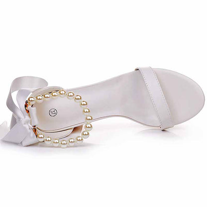 Bridal pearl ankle strap chunky heels with elegant pearl detailing and ribbon for weddings