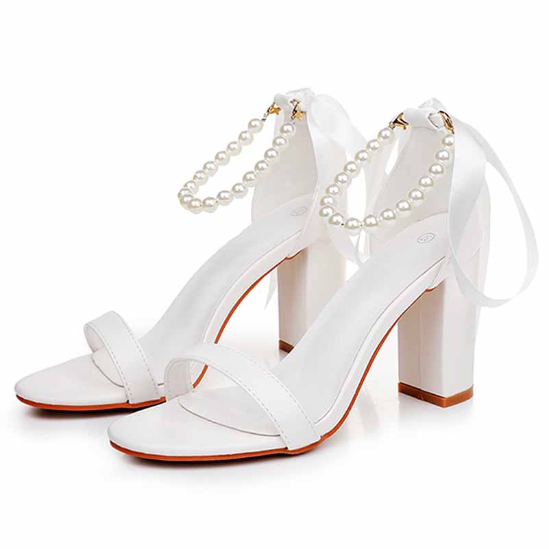 Bridal pearl ankle strap chunky heels in white with stylish straps and elegant design