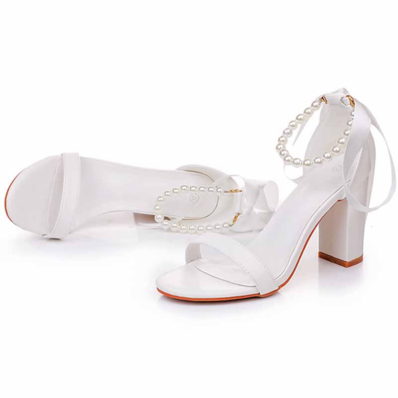 Bridal pearl ankle strap chunky heels in white with elegant pearl detailing