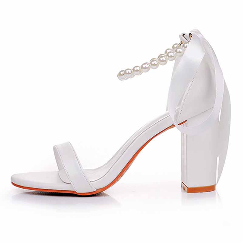 Bridal pearl ankle strap chunky heels in white with a fashionable design for weddings
